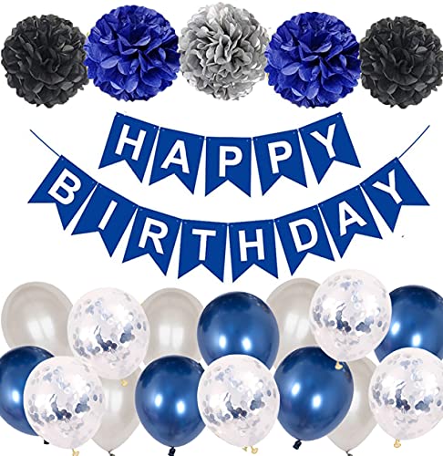 MAKFORT Geburtstagsdeko Marineblau Happy Birthday Girlande mit Pompoms und Nachtblau Luftballons SilberKonfetti Luftballons für Geburtstag Partydeko Mädchen und Junge von MAKFORT