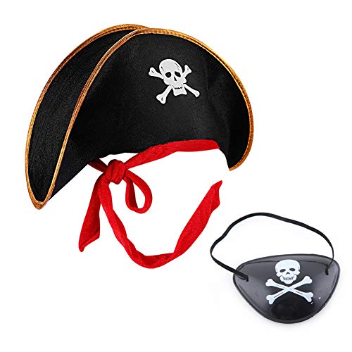 MAKFORT Piratenhut und Piraten Augenklappe Bekleidungszubehör Piratenkapitän Totenkopf Piratenhut Mütze für Herren und Kinder Halloween Kostüm Zubehör von MAKFORT