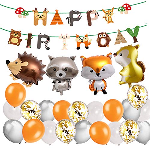 MAKFORT Tiere Geburtstag Dekoration Kinder Woodland Happy Birthday Banner Latexballon mit Blatt Tier Ballon für Jungen Mädchen von MAKFORT