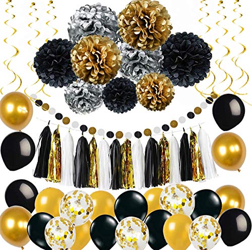 Party Deko set Gold Silber Schwarz Pompoms Quasten Girlande Luftballons Papier Girlande spiralgirlanden Geburtstag Hochzeit Partydeko von MAKFORT