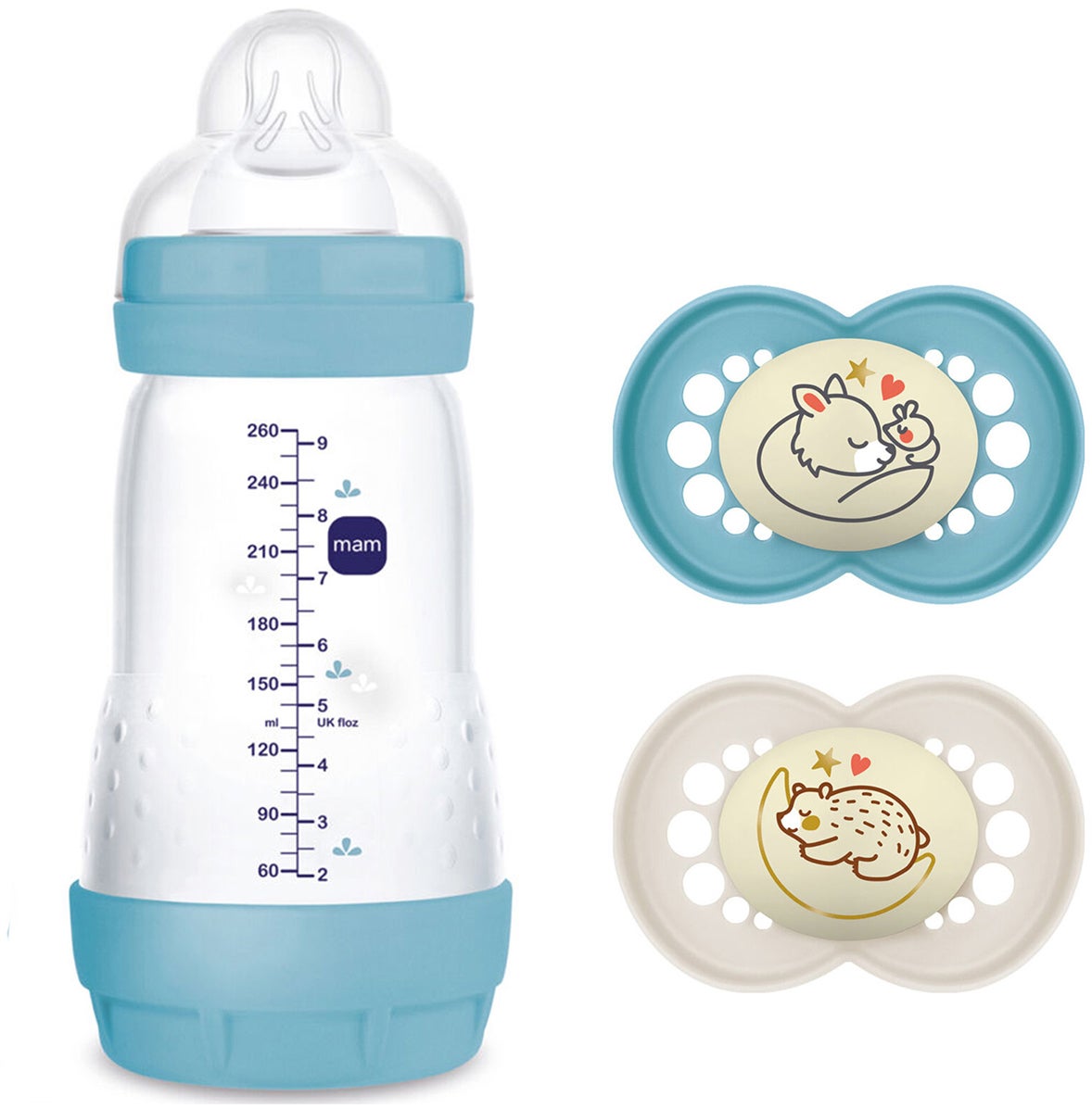 MAM Original Night Silikon Schnuller 2er-Pack &  Easy Start Babyflasche Anti-Kolik 260 ml, Blau von MAM