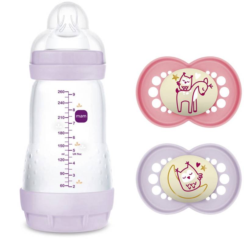 MAM Original Night Silikon Schnuller 2er-Pack &  Easy Start Babyflasche Anti-Kolik 260 ml, Rosa von MAM