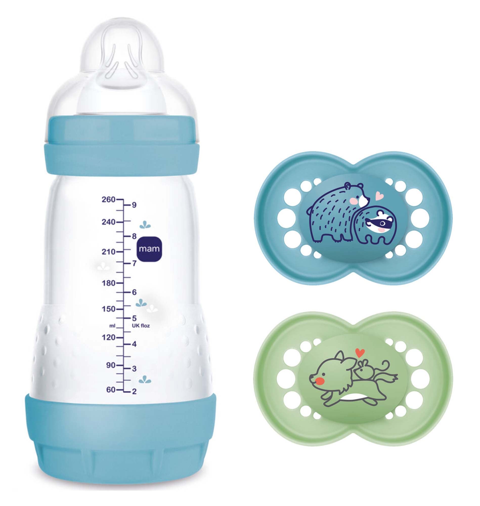 MAM Original Silikon Schnuller 16-36m 2er-Pack &  Easy Start Babyflasche Anti-Kolik 260 ml, Blau von MAM