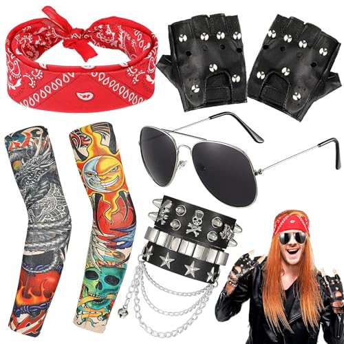 5 Stücke Punk Gothic Rocker Kit, 80er Punk Kostüm Set, Punk Kette Lederarmband, Tattoo Ärmel, Handschuhe mit Nieten, Zubehör mit Punk Schwarze Sonnenbrille, für Männer Frauen Punk Rocker Party Cosplay von lankai