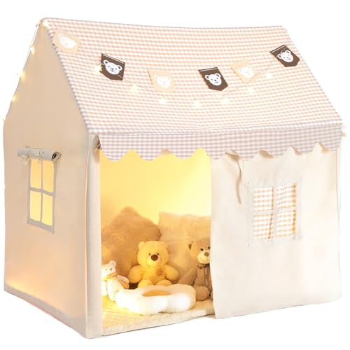 Kinderzelt, Kinder Spielhaus mit Matte & Lichtern, Zelt Kinderzimmer, Kinderzelt für Drinnen, Kinder Bettzelt, Spielzelt für Jungen & Mädchen, Kinderzelt Indoor, 125x90x123 cm Kinderspielhaus, Beige von MAMIZO