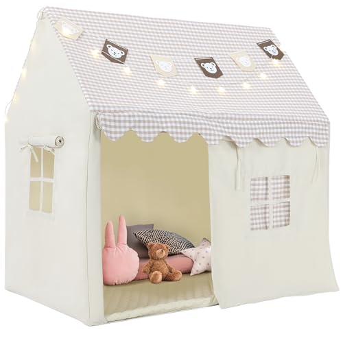 Kinderzelt, Kinder Spielhaus mit Matte & Lichtern, Zelt Kinderzimmer, Kinderzelt für Drinnen, Kinder Bettzelt, Spielzelt für Jungen & Mädchen, Kinderzelt Indoor, 125x90x123 cm Kinderspielhaus, Beige von MAMIZO