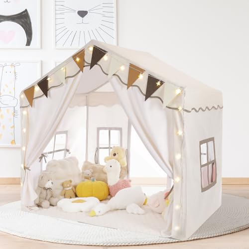 Kinderzelt für Drinnen, Kinder Spielhaus mit Matte & Lichtern, Zelt Kinderzimmer, 136x95x133 cm Kinderzelt Indoor, Spielzelt Prinzessin, Kinderzelt für Kleinkinder, Cremefarben Bettzelt Kinder von MAMIZO