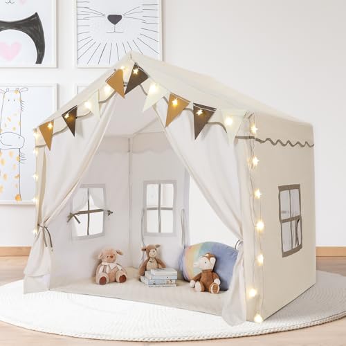 Kinderzelt für Drinnen, Kinder Spielhaus mit Matte & Lichtern, Zelt Kinderzimmer, 136x95x133 cm Kinderzelt Indoor, Spielzelt Prinzessin, Kinderzelt für Kleinkinder, Cremefarben Bettzelt Kinder von MAMIZO