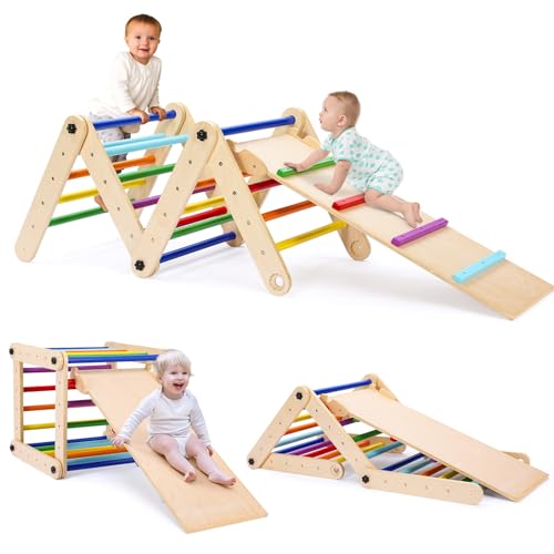 Klettergerüst Indoor, Kletterdreieck mit Rutsche, Montessori Kletterleiter aus Holz, inkl. doppelseitige Rampe, zum Klettern, Rutschen, multifunktionaler Indoor Spielplatz für Kinder ab 1 Jahren von MAMIZO