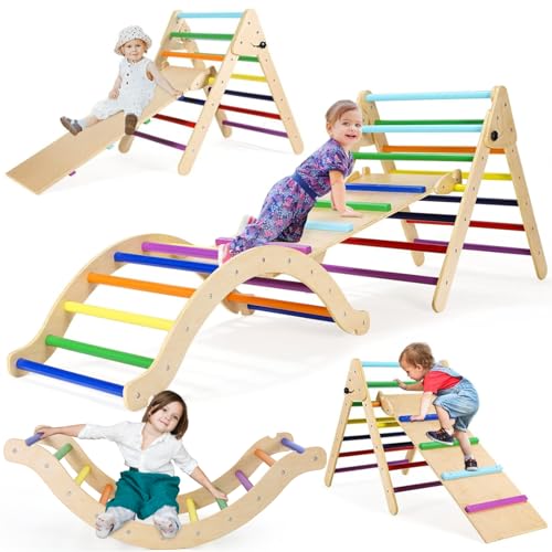 Klettergerüst für Kinder, 3 in 1 Kinder Kletterleiter Set, Regenbogen Kletterdreieck mit Rutsche, Kletterleiter und Kletterbogen, Wippe, Klettergerüst Indoor, klettergerüst Indoor ab 1 Jahr von MAMIZO