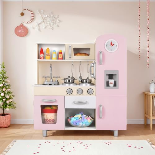 kinderküche Holz, Spielzeugküche für Kinder, Puppenküche, kinderküchen mit Herd, Uhr, Eismaschine und Telefon, Spielküche Holz mit licht und Sound, Kleine Küche (Rosa) von MAMIZO