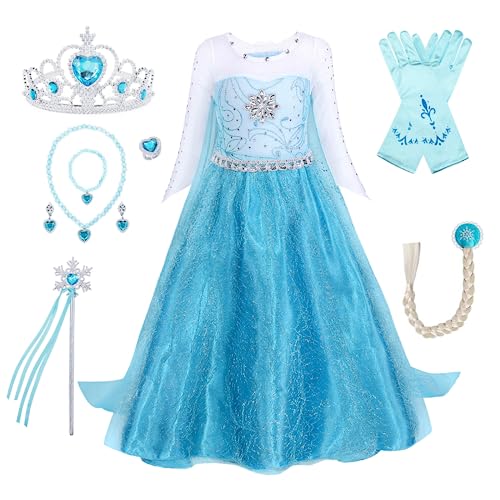 MANBOC Gefrorenes Kostüm, Prinzessin Kleid Mädchen Prinzessinnenkleid für Kinder, Krone Zauberstab Halsketten Handschuhe Set Eiskönigin Elsa Kleid, Gut für Geburtstage, Cosplay von MANBOC