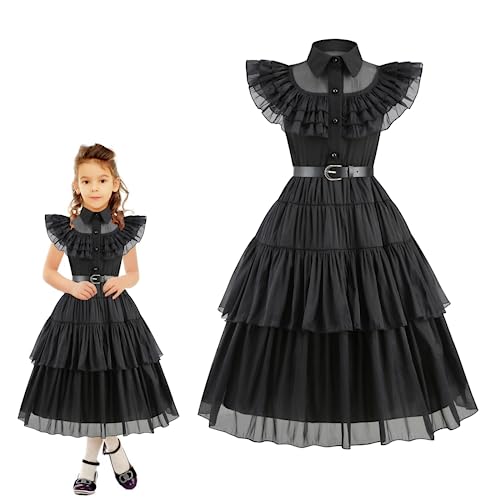 MANBOC Wednesday Kostüm für Kinde, Mittwoch Kleid Vintage Kleidung für Mädchen Familien Cosplay Uniformen, Geeignet für Themenpartys, Halloween Cosplay Kostüme von MANBOC