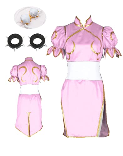 MANMICOS US-Größe Anime Chun Li Cosplay Kostüme Halloween Pink Cheongsam Damen Anzug, rose, 50 von MANMICOS