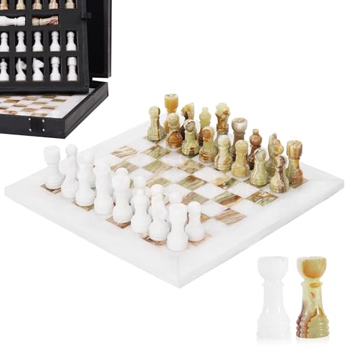 Marmor-Schach-Set, 25,4 cm, Weiß & Grün, handgefertigt, für Erwachsene, Marmor-Brettspiel für die Familie mit Aufbewahrungsbox und 2 Extra-Königin, ideales Reise-Schach-Set & Heimdekoration von MARBLE RANGE