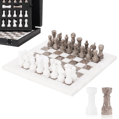 Marmor-Schach-Set, 25,4 cm, Weiß & Ozeanisch, handgefertigt, für Erwachsene, Marmor-Brettspiel für Familie, mit Aufbewahrungsbox und 2 extra Königin, ideales Reiseschach-Set & Heimdekoration von MARBLE RANGE