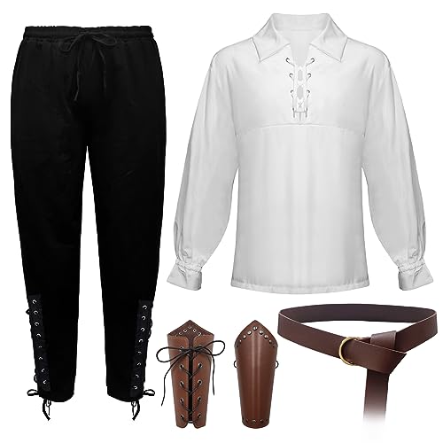 MARCSONNIA Piratenkostüm-Set für Herren, Halloween, Renaissance, mittelalterliches Wikinger-Piraten-Shirt, gebänderte Hose, Gürtel, Armband (Medium) von MARCSONNIA