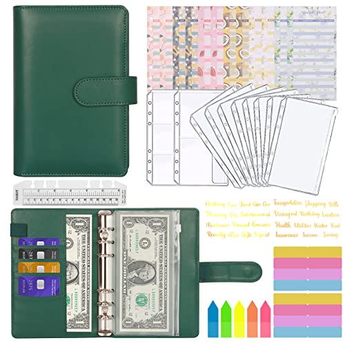 A6 Binder Budget, MARICATO 29-Stück Budget Planner, 6 Löcher Loseblatt Notizbuch Geld Organizer mit Budgetblättern/Binder kartentaschen/Aufklebern/Bunte Indexetiketten/Lineal, für Arbeit-DunkelGrün von MARICATO