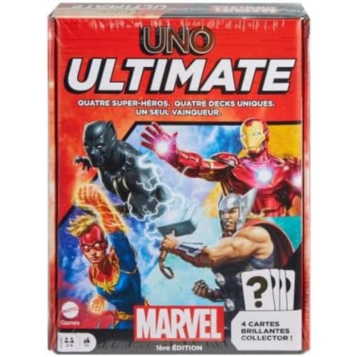 Mattel Games UNO Ultimate Marvel - Kartenspiel Französische Fassung, Superhelden-Design, Captain Marvel, Iron Man, Black Panther, Thor, Spezialregeln, ab 7 Jahren, HPT47 von Mattel Games