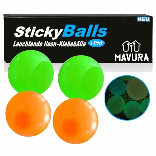 StickyBalls Glow Leuchtende Neon Klebebälle Klebe (Squishy Squeeze Bälle für die Decke), Spaß Antistress Ball Schleim [4er Set] von MAVURA