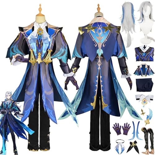 Genshin Impact Neuvillette Cosplay Kostüm Outfit Spielcharakter Uniform Komplettset Halloween Party Karneval Dress Up Anzug mit Kopfschmuck Perücke für Männer Jungen (L) von MAXCBD