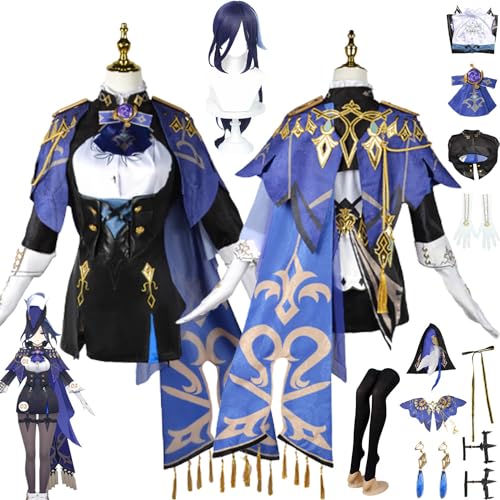 MAXCBD Genshin Impact Clorinde Cosplay Kostüm Outfit Spiel Charakter Uniform Full Set Frauen Mädchen Halloween Karneval Dress Up Anzug mit Kopfschmuck/Perücke/Hut/Ohrringe (M) von MAXCBD