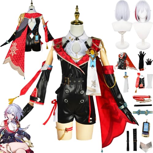 MAXCBD Honkai Star Rail Topaz Cosplay Kostüm Outfit Spiel Charakter Uniform Jumpsuit Full Set Halloween Karneval Party Dress Up Anzug mit Kopfschmuck Perücke für Frauen Mädchen (L) von MAXCBD