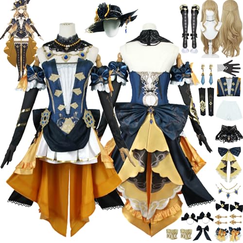 MAXCBD Spielcharakter Navia Cosplay Kostüm Outfit Genshin Impact Uniform Komplettes Set Halloween Party Dress Up Anzug mit Perücke Hut Kopfschmuck Ohrringe für Frauen Mädchen (M) von MAXCBD