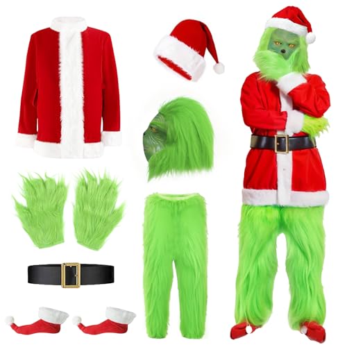 Grünes Monster Weihnachtskostüm für Erwachsene: 7-teiliges Grünes Monster Kostüm mit Maske - Luxus Weihnachtsmann Outfit für Cosplay Halloween Karneval und Weihnachtsfeiern (Green, L) von MAXHJX