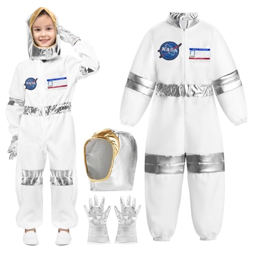 MAXHJX Astronaut Kostüm Jumpsuit für Kinder: Space Jumpsuit für Kinder Astronaut NASA Kostüm für Jungen Mädchen mit Helm und Handschuhe Pretend Role Play Karneval Halloween Dress up (Weiß, 110) von MAXHJX