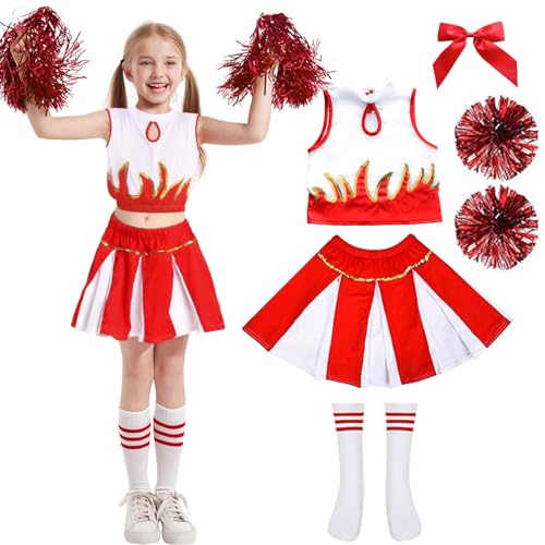 MAXHJX Cheerleader Kostüm Kinder Kleid: Faschingskostüme kinder Cheerleading - Cheer Uniformen mit Pompons Socken für Halloween Dress Up Fasching Party Kostüm (Rot 2, 120(5-6 Jahre)) von MAXHJX