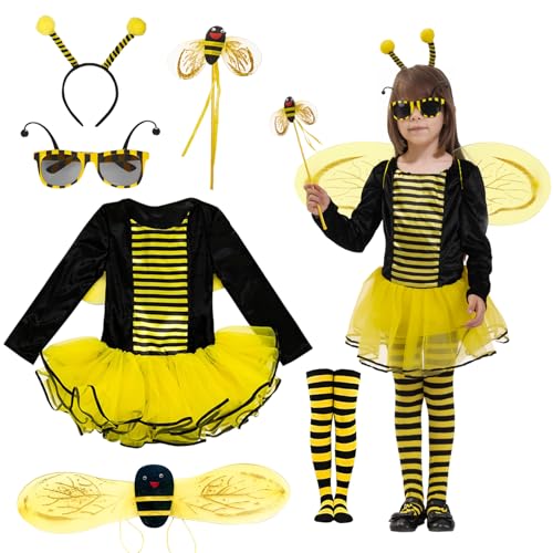 MAXHJX Mädchen Bienen Karneval Kostüm: Bienenkostüm Kinder Verkleidung mit Tutu Flügeln Zauberstab und Brille - Perfekt für Halloween Fasching Cosplay und Partei von MAXHJX