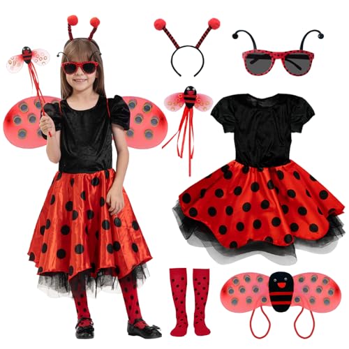 MAXHJX Mädchen Marienkäfer Karneval Kostüm: Verkleidung Ladybug Kostüm Ballerina Tutu Rock für Karneval Fasching Partei Rollenspiele mit Flügeln Zauberstab (Ladybug, 110(3-4 Jahre)) von MAXHJX