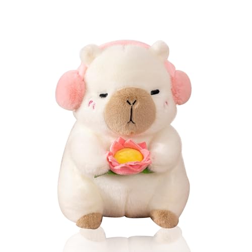 Capybar Plüschtier mit Rose, Capybar Kuscheltiere Plüschtier Wildtiere Stofftiere Weiche Gefüllte Spielzeug Plüsch Realistische Kuscheltier Geschenk für Kinder Mädchen Heimdekoration( White, 38cm) von MBNKMEBU