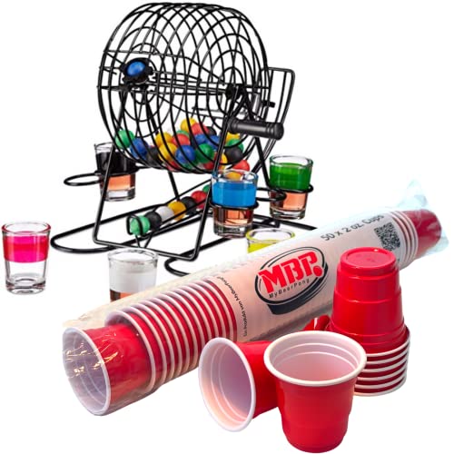 MYBEERPONG 100 x 2 oz Schnapsbecher + Bingo Lostrommel mit 6 Shot Gläsern & 36 Farbige Kugeln + Gläser | Original US Shot größe | Partyspass für Weihnachtsfeiern | Kurze Becher Rot | Shots von MBP My Beer Pong