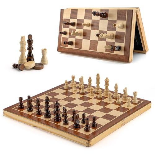 Schachspiel Holz, MBUAFYA Groß Schach Schachbrett Turnier 39 cm Hochwertig Tragbares 2-in-1 Schachspiel Dame Brettspiel Magnetisches Klappbar Reise Schachspiel für Erwachsene Kinder von MBUAFYA