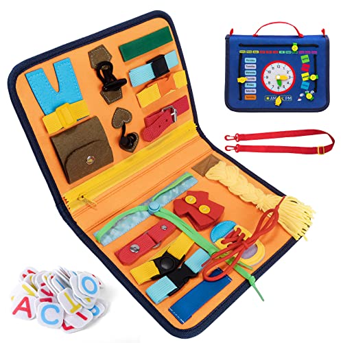 MCGMITT Busy Board für Kleinkinder, Fühlte Montessori Motorikspielzeug Activity Board für 1 2 3 4 Jahre Baby Lernen Dressing, Farbe, Zahl und Englisches Alphabet (Blau) von MCGMITT