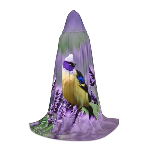 MDATT Umhang mit Kapuze für Halloween, Cosplay, Halloween, Karneval, Hexenumhang, Motiv: Vogel in violettem Lavendel, Blumenmotiv von MDATT