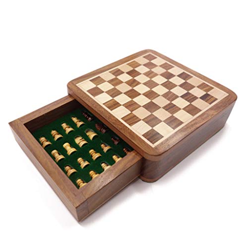 MDRBB Schachbrett-Set, magnetisches Mini-Schach-Set, Holzschublade, Schachbrettspiel, tragbar, mit Schachfiguren-Aufbewahrung (13 x 13 x 2,3 cm, 5,1 x 5,1 x 0,22,9 cm) Schachsets von MDRBB