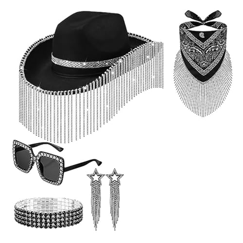 MEAKTSMI Bachelorette Cowgirl Hüte Set Enthält Braut Cowgirl Hüte Sonnenbrillen Ohrringe Armbänder Und Bandanas Braut Party Requisiten von MEAKTSMI