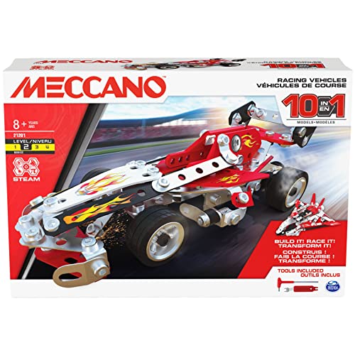 SPIN MASTER 6060104 10-in-1 Racing Vehicles Meccano, 10-in-1-Rennfahrzeuge STEM Modellbausatz mit 225 Teilen und echten Werkzeugen, Kinderspielzeug ab 8 Jahren, Mehrfarbig, 2.38 x 10 x 6.75 inches von MECCANO