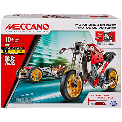 MECCANO - Auto und Motorrad, 5 Modelle – Erfindungskoffer mit 132 Teilen und 2 Werkzeugen – Bausatz – 5 Verschiedene Modelle von Fahrzeugen zum Bauen – 6053371 – Spielzeug für Kinder ab 10 Jahren von MECCANO