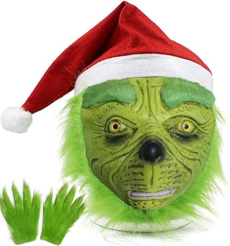 MEDOUTONG Green Mask,Green Monster Mask Deko Weihnachten,Weihnachtsmütze Weihnachtsmaske Männer Damen Cosplay,Mask Kostüm-Requisiten,Silvester Party,Wichtel Zubehör Weihnachten von MEDOUTONG