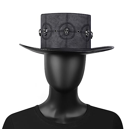 MEELYHOME Steampunk Zylinder Halloween Kostüm Cosplay Gothic Party Zubehör Requisiten Schwarz Kunstleder Hut für Männer Frauen Steampunk Hut für Männer Frauen von MEELYHOME