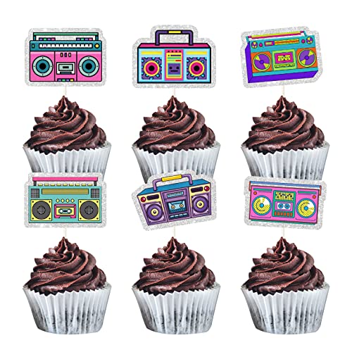 MEFENG 18 Stück Boombox Cupcake Topper – 80er 90er Jahre Mottoparty Dekorationen – Retro 90er 80er Jahre Kuchenplektren – Happy Birthday Party Supplies von MEFENG