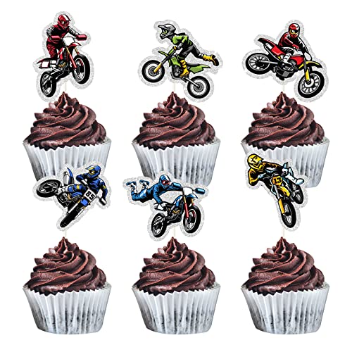 MEFENG 18 Stück Dirt Bike Cupcake Topper – extreme Motocross Cupcake Dekorationen – Happy Birthday Kuchen Picks für Motorradliebhaber – Dirt Bike Party Dekorationen von MEFENG