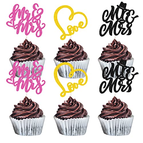 MEFENG 18 Stück Mr & Mrs Cupcake-Topper – Glitzer-Liebesschild Kuchenplektren für Hochzeitsfeier – Verlobung Brautdusche Party Dekorationen von MEFENG