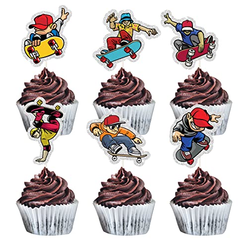 MEFENG 18 Stück Skateboard-Cupcake-Topper – Extreme Skate Cupcake Dekorationen – Happy Birthday Kuchenplektren für Skater – Geburtstagsparty-Dekorationen von MEFENG