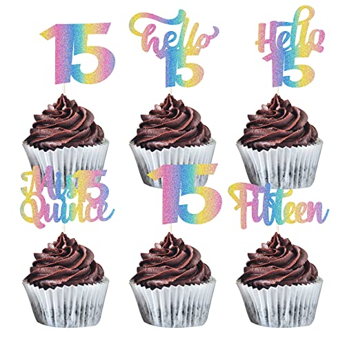 MEFENG Cupcake-Topper zum 15. Geburtstag – Mis Quince 15 – Regenbogen-Glitzer 15. Geburtstag Cupcake-Dekorationen – Hello 15 – Cheers to 15th Cake Picks – Fifteen Years Old Birthday Party Supplies von MEFENG