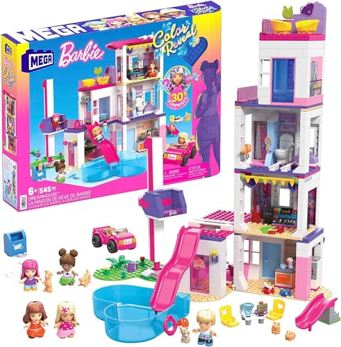 Mega HHM01 - Barbie Color Reveal Traumvilla Spielset, Baukasten mit über 25 Überraschungen, 5 Mikro-Puppen, 6 Tieren und Farbwechsel-Effekt, Spielzeug für Kinder ab 5 Jahren von Mattel